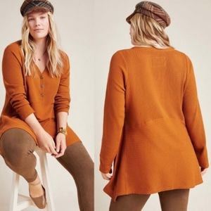 Anthropologie Maeve Burnt Orange Eliza Waffle-Knit Long-Sleeve Henley Tunic